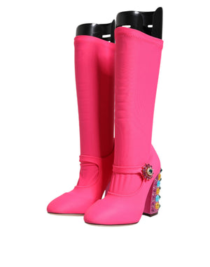 Dolce & Gabbana Rosa Nylon Kristall Vally Hohe Stiefel Schuhe
