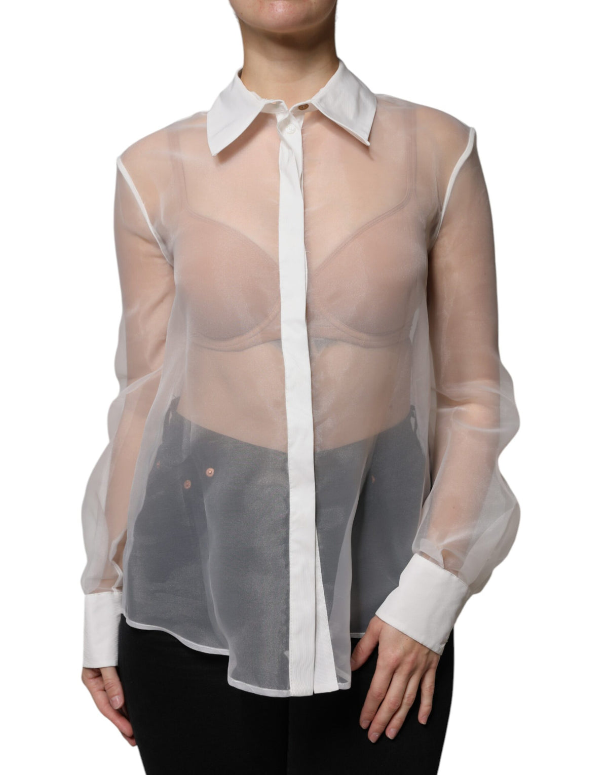 Elisabetta Franchi Weißes transparenter Hemdblusen-Top mit Kragen und Knopfleiste
