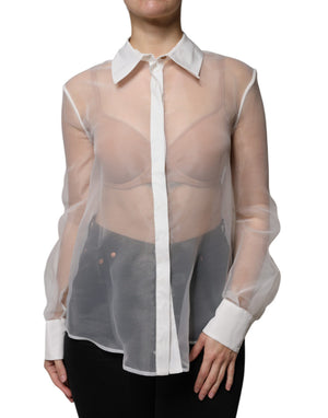 Elisabetta Franchi Weißes transparenter Hemdblusen-Top mit Kragen und Knopfleiste