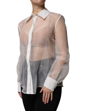 Elisabetta Franchi Weißes transparenter Hemdblusen-Top mit Kragen und Knopfleiste