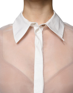 Elisabetta Franchi Weißes transparenter Hemdblusen-Top mit Kragen und Knopfleiste