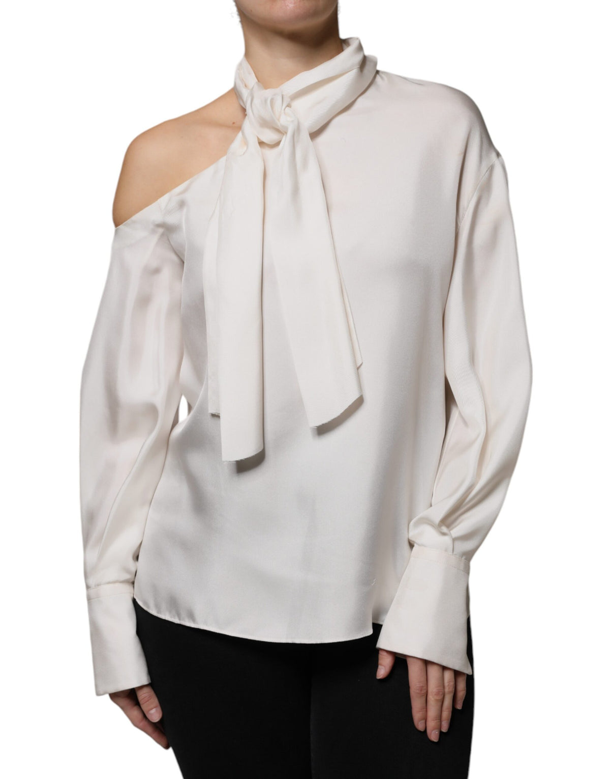 Brunello Cucinelli Beige Seiden-Ascot-Kragen Langarm-Top