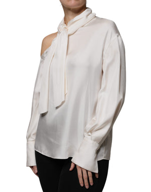 Brunello Cucinelli Beige Seiden-Ascot-Kragen Langarm-Top