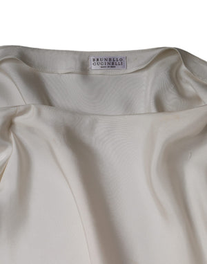 Brunello Cucinelli Beige Seiden-Ascot-Kragen Langarm-Top