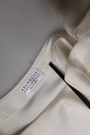 Brunello Cucinelli Beige Seiden-Ascot-Kragen Langarm-Top