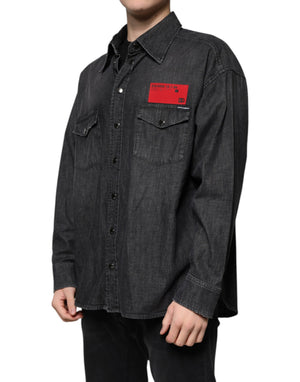 Dolce & Gabbana Schwarzes Logo-Baumwollhemd mit Knopfleiste aus Denim