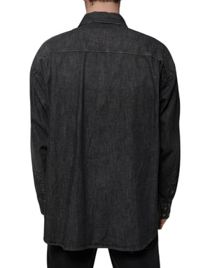 Dolce & Gabbana Schwarzes Logo-Baumwollhemd mit Knopfleiste aus Denim