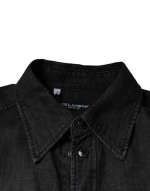 Dolce & Gabbana Schwarzes Logo-Baumwollhemd mit Knopfleiste aus Denim