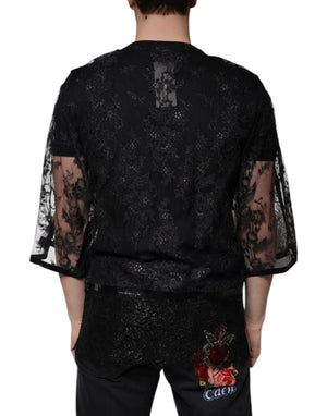 Dolce & Gabbana Schwarzes Nylon T-Shirt mit geblümter Spitze und Rundhalsausschnitt