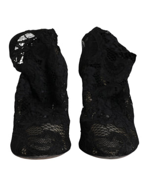 Dolce & Gabbana Schwarze Spitze Stretch Heels Mittlere Wadenstiefel Schuhe