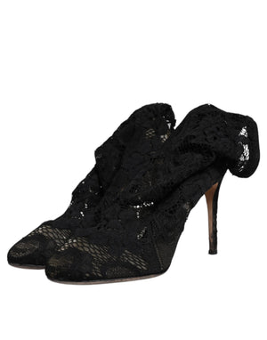 Dolce & Gabbana Schwarze Spitze Stretch Heels Mittlere Wadenstiefel Schuhe