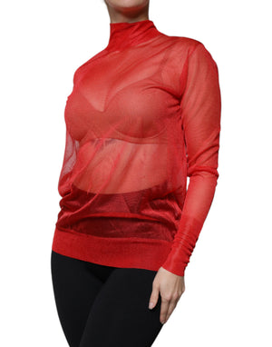 Dolce & Gabbana Rotes Netz-Rollkragen-Langarmblusen-Top