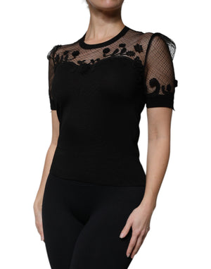 Dolce & Gabbana Schwarzes Blusentop mit floraler Spitze und kurzen Ärmeln