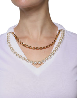 Dolce & Gabbana Weißes Baumwollketten-T-Shirt mit kurzen Ärmeln