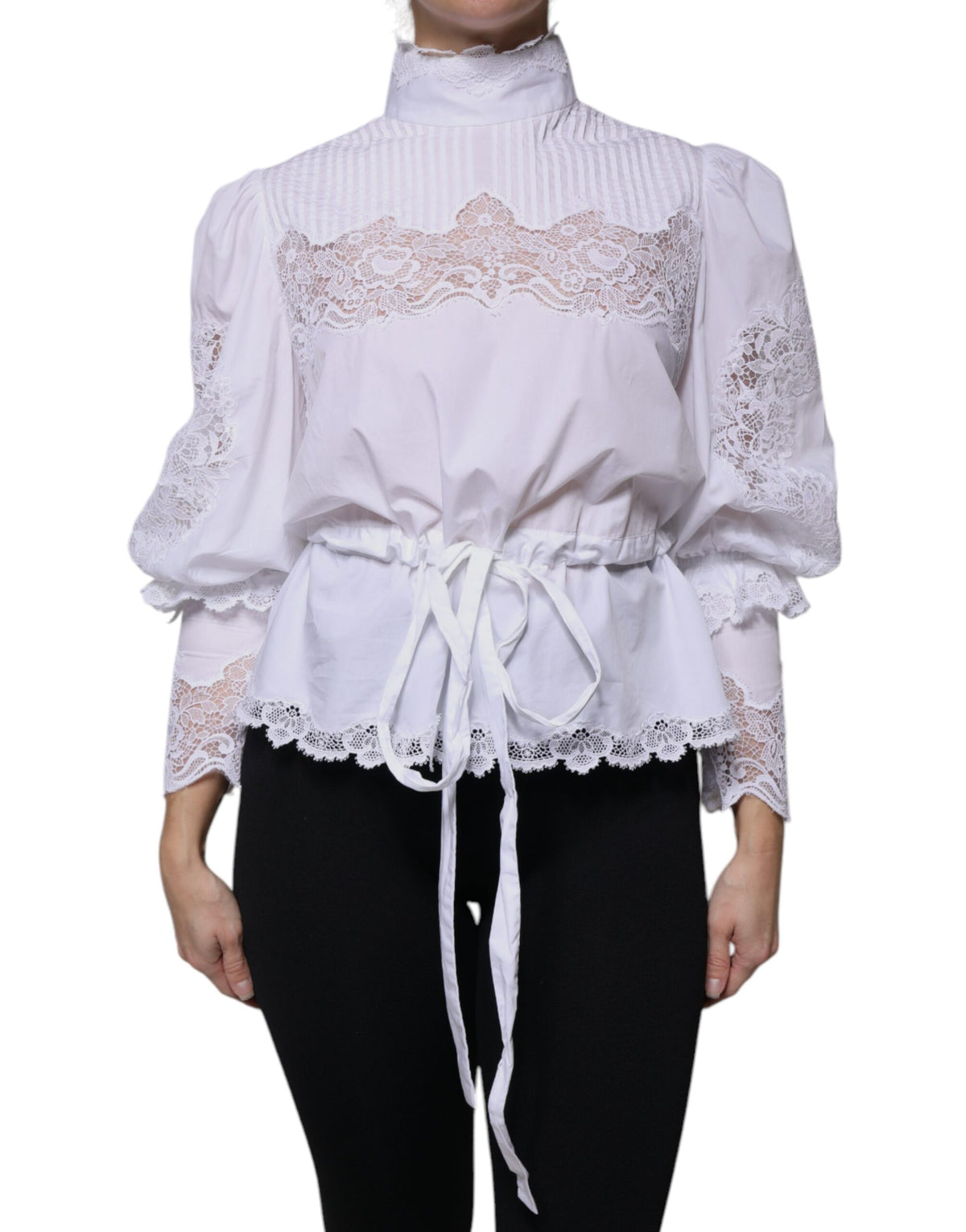 Dolce & Gabbana Weißes Rollkragenblusentop mit Spitzenbesatz aus Baumwolle
