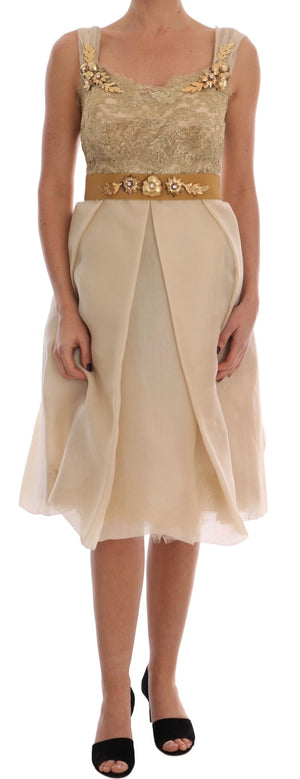 Dolce & Gabbana Goldfarbenes, kristallverziertes Seidenkleid