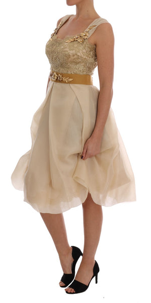 Dolce & Gabbana Goldfarbenes, kristallverziertes Seidenkleid