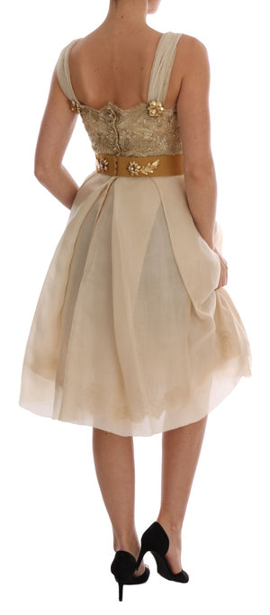 Dolce & Gabbana Goldfarbenes, kristallverziertes Seidenkleid