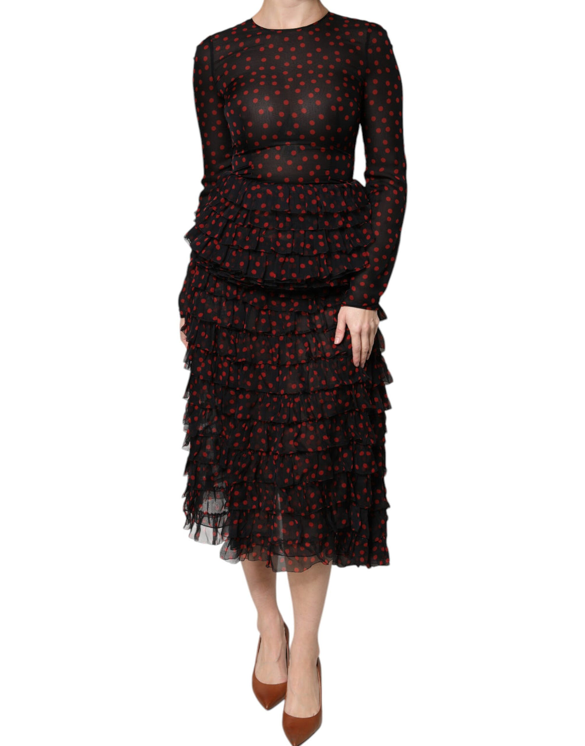 Dolce & Gabbana Schwarz-rot gepunktetes Midikleid aus Seide in Lagen