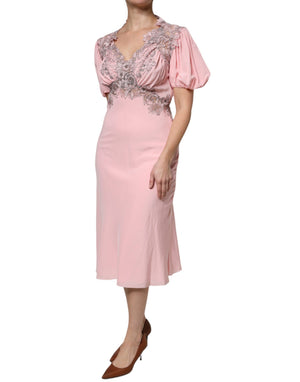 Ermanno Scervino Rosa geblümte Spitze mit kurzen Ärmeln und V-Ausschnitt Midikleid
