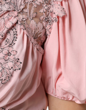 Ermanno Scervino Rosa geblümte Spitze mit kurzen Ärmeln und V-Ausschnitt Midikleid