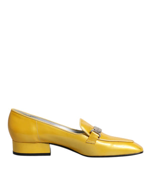 Dolce & Gabbana Gelbe Leder Logo Plaque Slip On Mokassin Schuhe