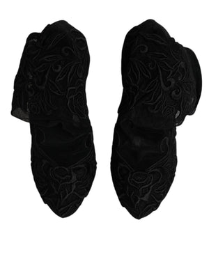 Dolce & Gabbana Schwarze Tüll Stretch Heels Mittlere Wadenstiefel Schuhe
