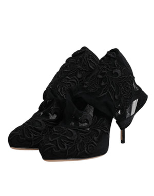 Dolce & Gabbana Schwarze Tüll Stretch Heels Mittlere Wadenstiefel Schuhe
