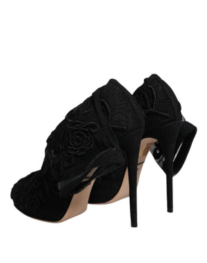 Dolce & Gabbana Schwarze Tüll Stretch Heels Mittlere Wadenstiefel Schuhe