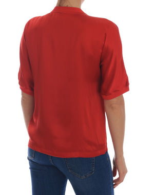 Dolce & Gabbana Rote Seidenbluse mit Orangenblüten und Kristall