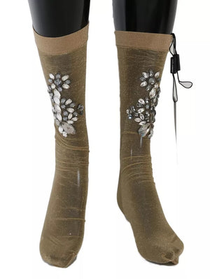 Dolce & Gabbana Gold Stretch Floral Klarer Kristall Strumpf Socken