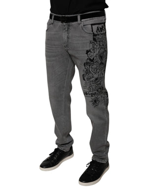 Dolce & Gabbana Graue Skinny Denim-Jeans mit Grafikdruck aus Baumwolle