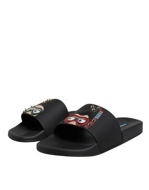 Dolce & Gabbana Schwarz Divers Leder Flats Slides Sandalen Beachwear Schuhe