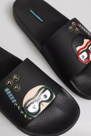 Dolce & Gabbana Schwarz Divers Leder Flats Slides Sandalen Beachwear Schuhe