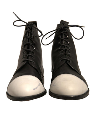 Sergio Rossi Schwarz Weiß Leder Lace Up Flats Ankle Boots Schuhe