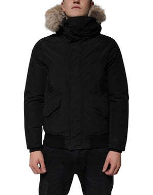 Woolrich Schwarzer Kapuzenmantel mit langen Ärmeln Pelz Shearling Mantel Jacke