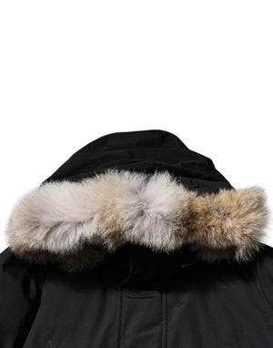 Woolrich Schwarzer Kapuzenmantel mit langen Ärmeln Pelz Shearling Mantel Jacke