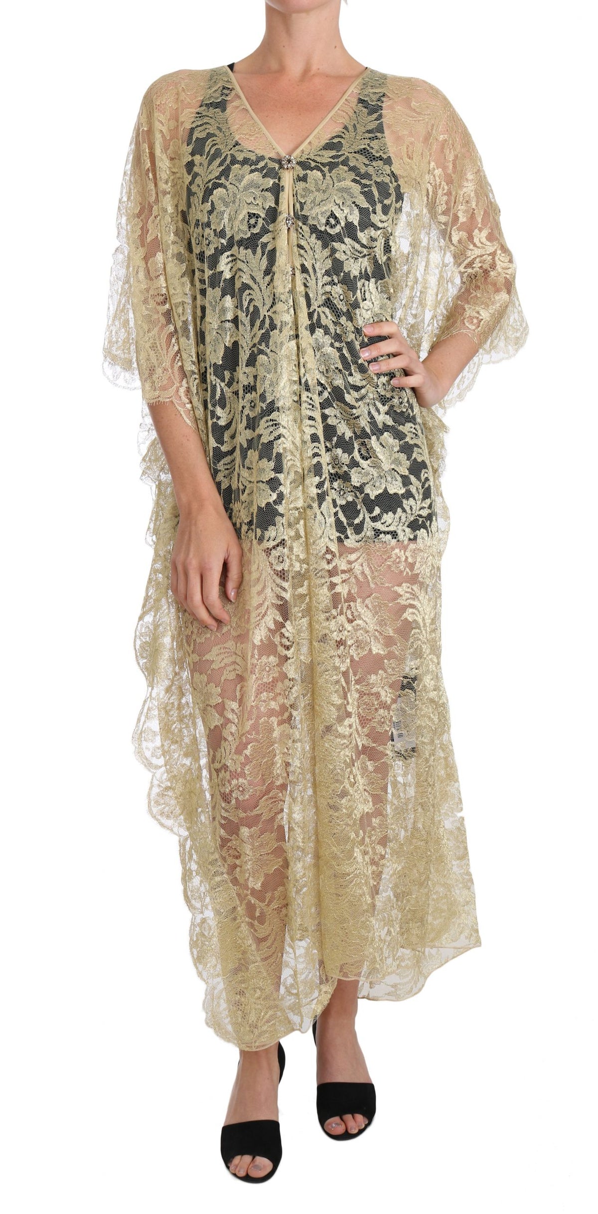 Dolce & Gabbana Gold Floral Spitze Kristall Kleid Cape Kleid