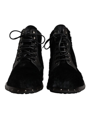 Dolce & Gabbana Schwarze Pony Style Leder Mid Calf Stiefel Schuhe