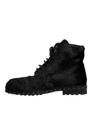 Dolce & Gabbana Schwarze Pony Style Leder Mid Calf Stiefel Schuhe