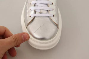 Patrizia Pepe Silberne Vollnarbenleder Schnürsneakers Schuhe
