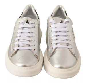 Patrizia Pepe Silberne Vollnarbenleder Schnürsneakers Schuhe