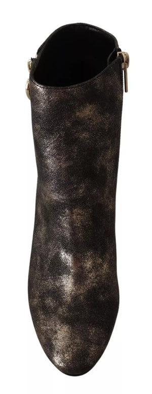 MY TWIN Schwarzes Leder Block Absätze Ankle Stiefel Reißverschluss Schuhe