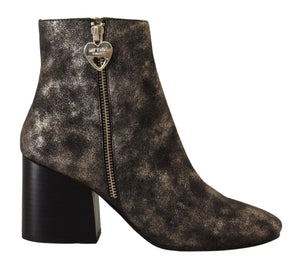 MY TWIN Schwarzes Leder Block Absätze Ankle Stiefel Reißverschluss Schuhe