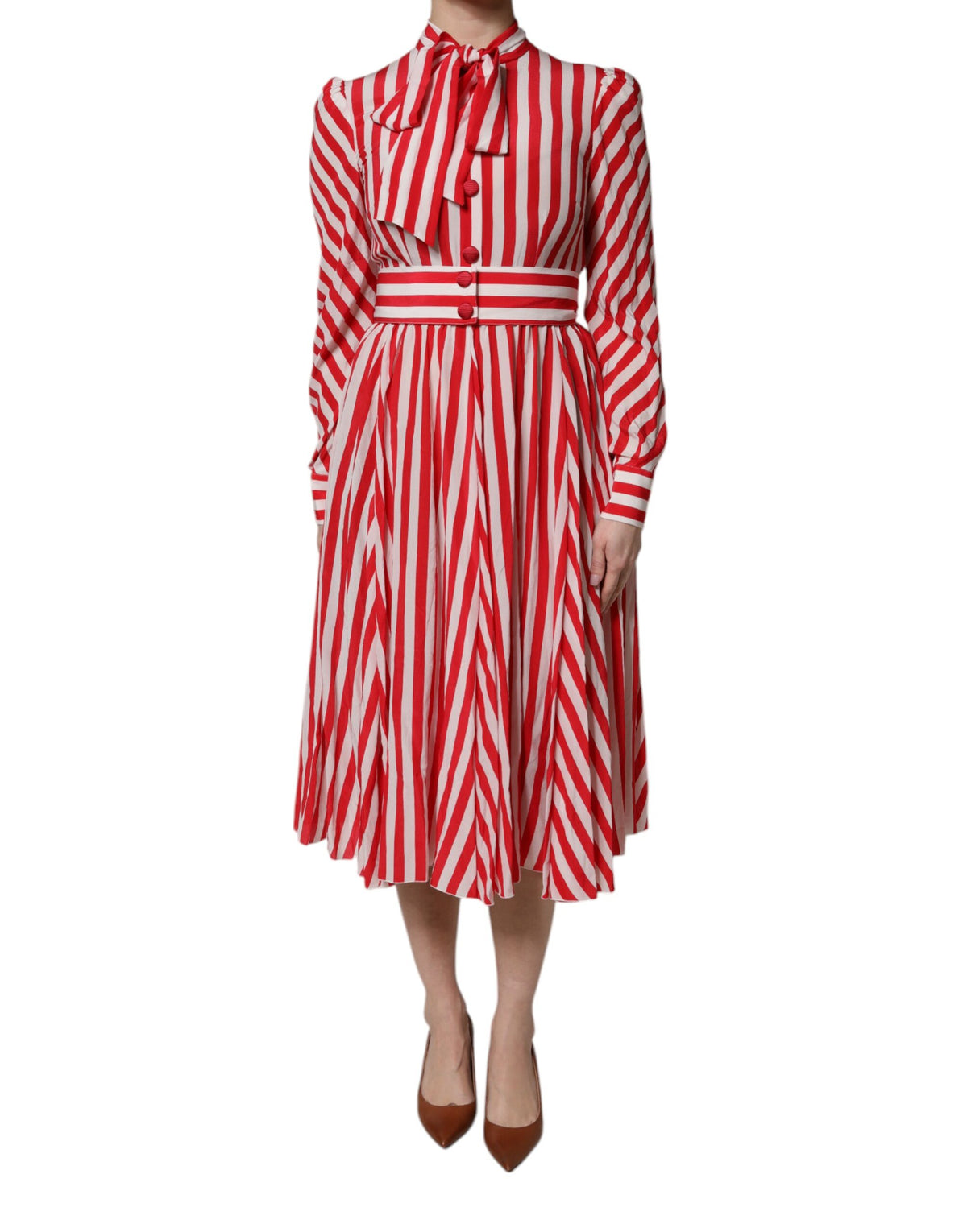 Dolce & Gabbana Weiß-rot gestreiftes Midikleid mit langen Ärmeln