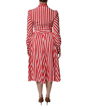 Dolce & Gabbana Weiß-rot gestreiftes Midikleid mit langen Ärmeln