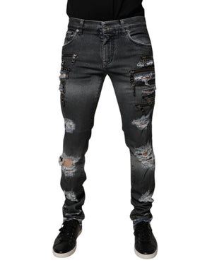 Dolce & Gabbana Dunkelgraue zerfledderte Baumwoll-Skinny-Denim-Jeans