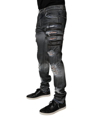 Dolce & Gabbana Dunkelgraue zerfledderte Baumwoll-Skinny-Denim-Jeans