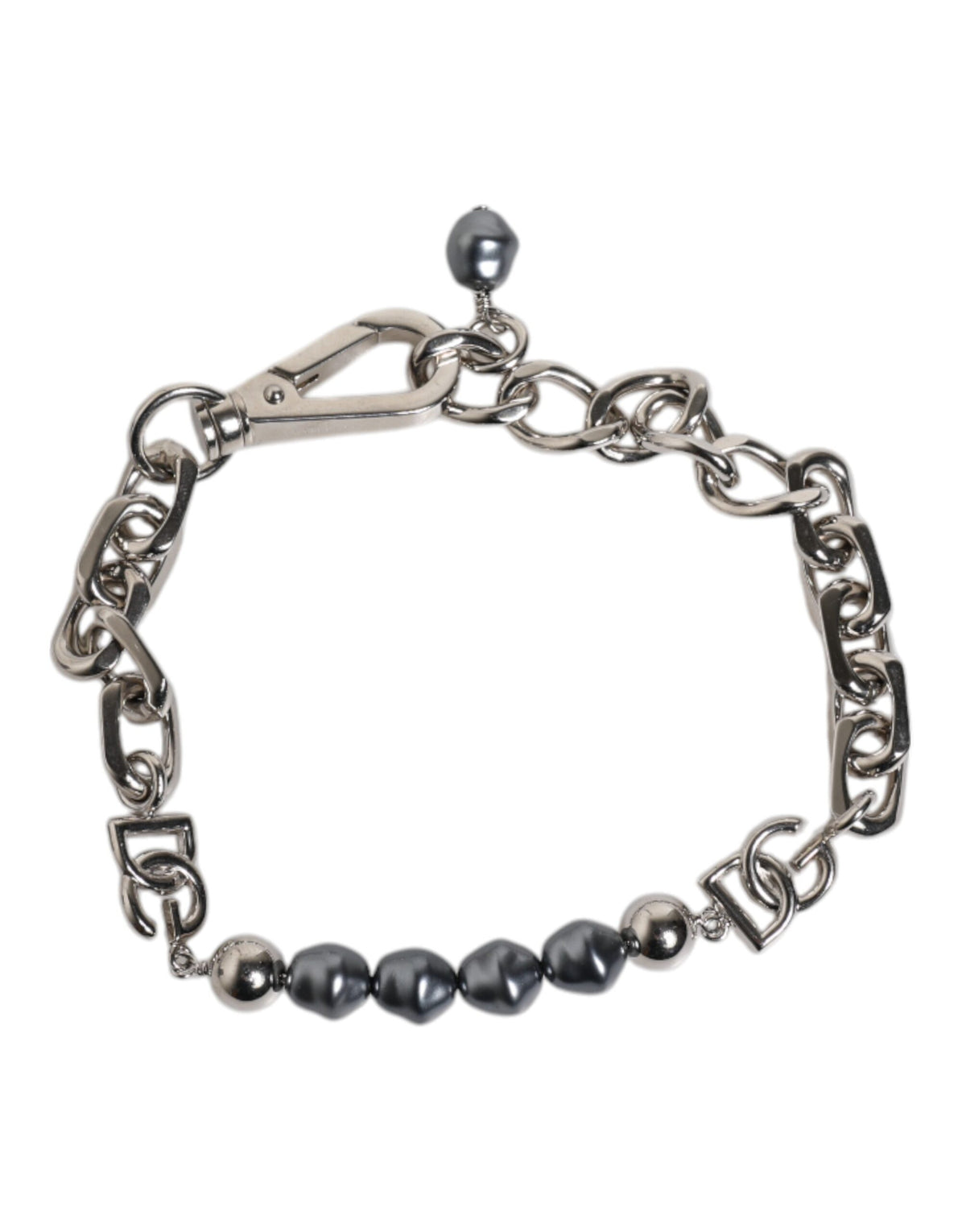 Dolce & Gabbana Armband mit silberfarbener Kette, Karabinerverschluss, Logo und grauen Perlen