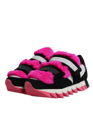 Dolce & Gabbana Schwarz Rosa Pelz Verschönert Turnschuhe Schuhe